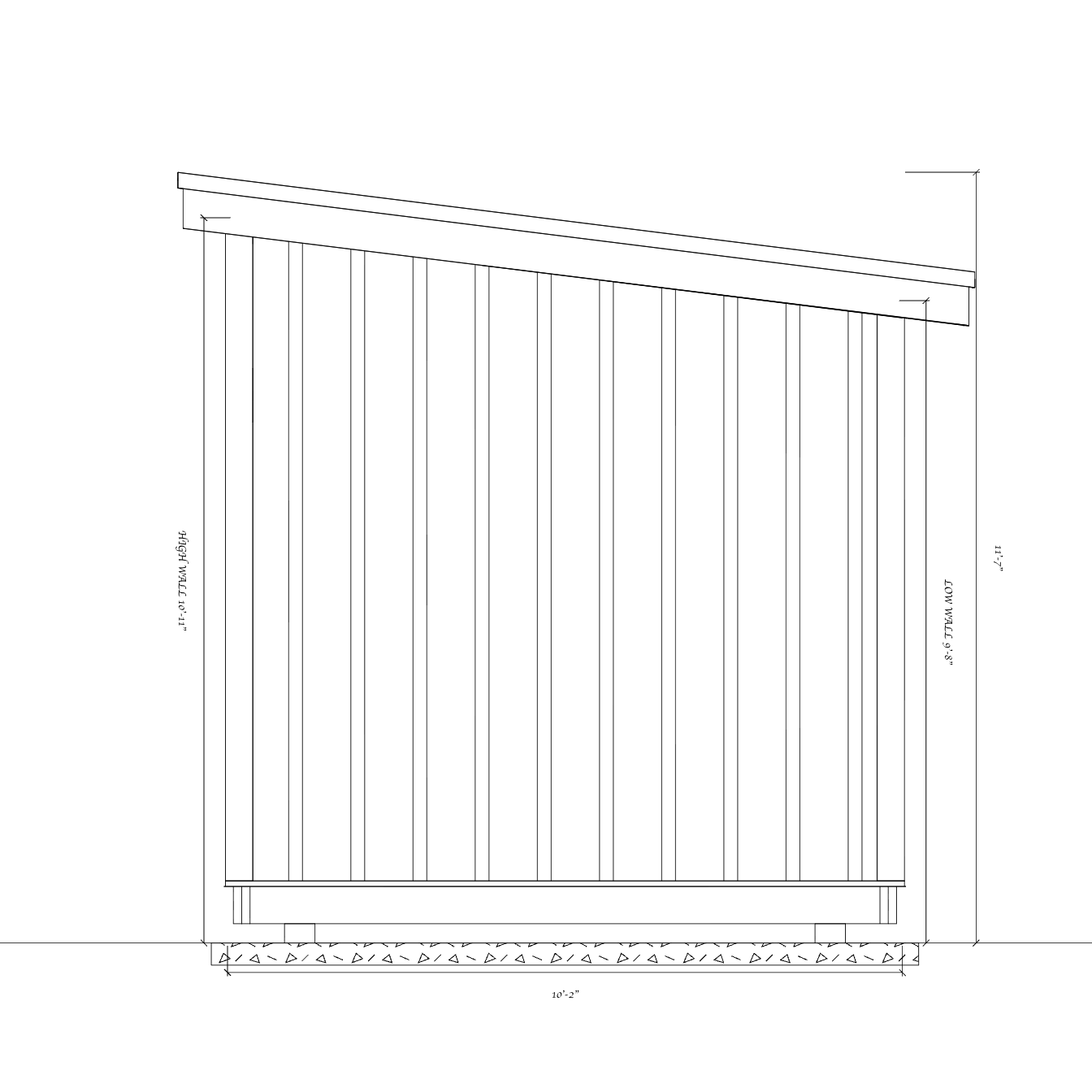 Dimensioned side elevation showing the shed's single-slope roof