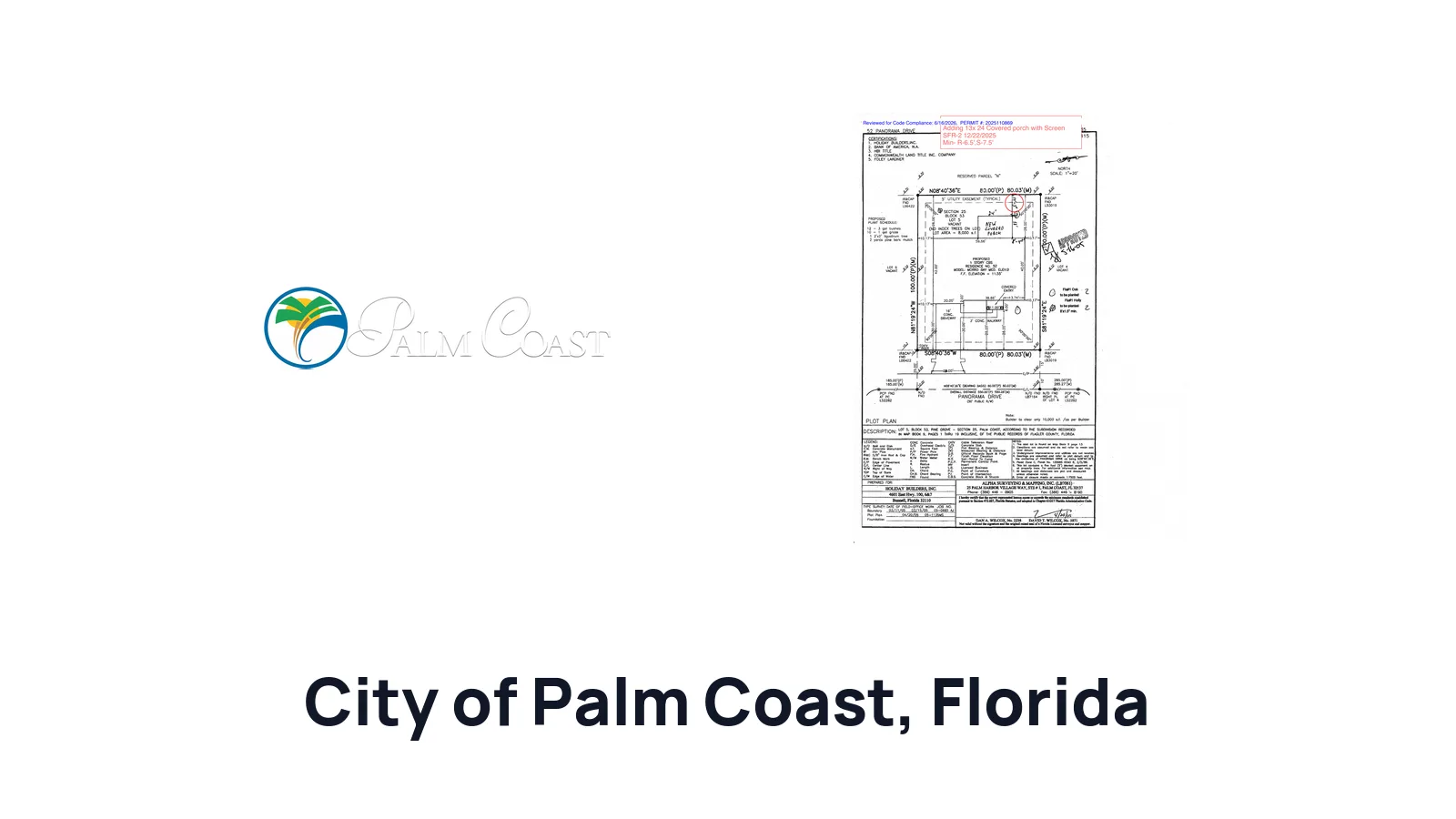 Palm Coast logo next to a residential site plan illustration