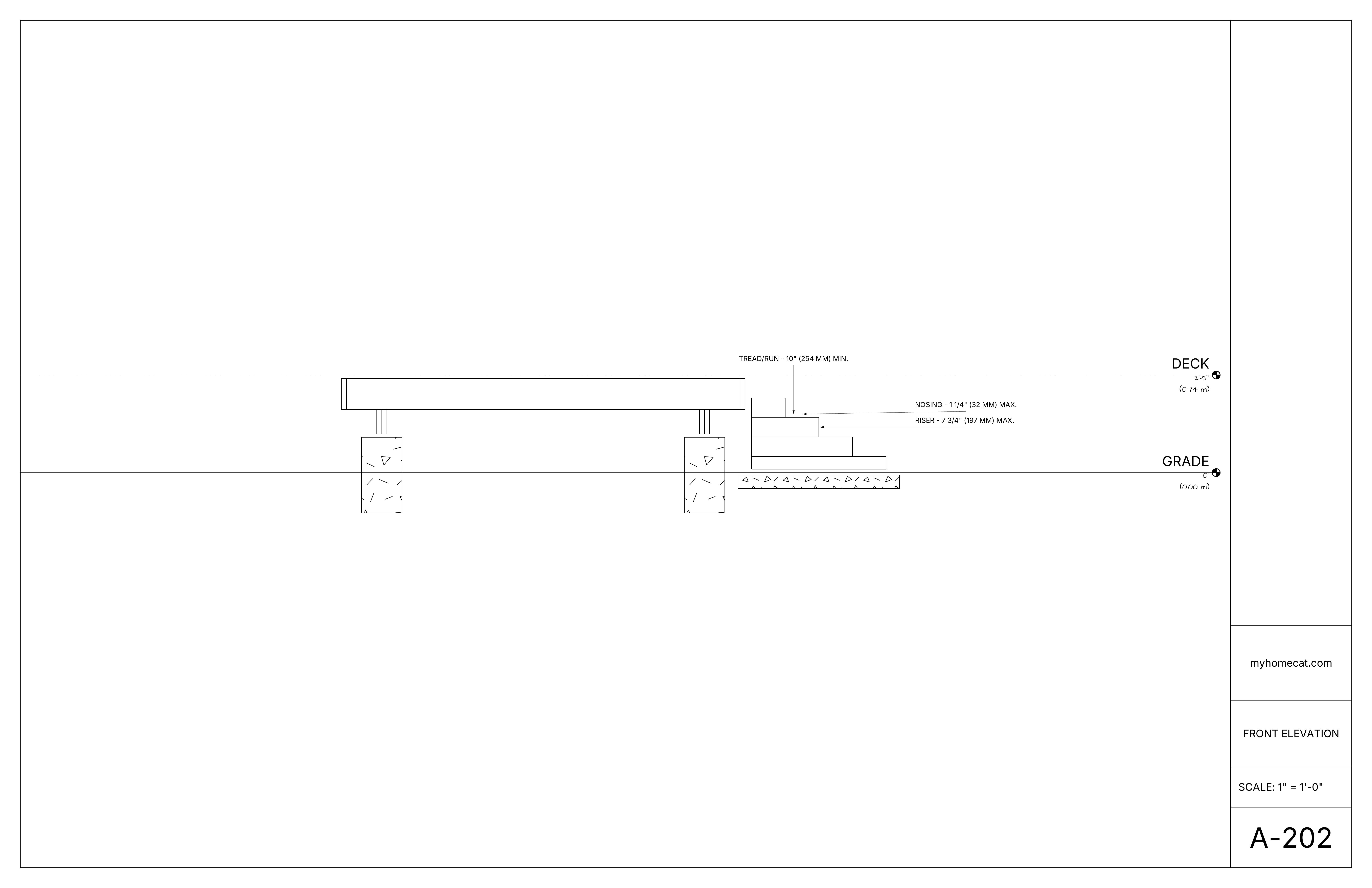 Front elevation drawing of a freestanding deck on support posts with four stairs and grade line