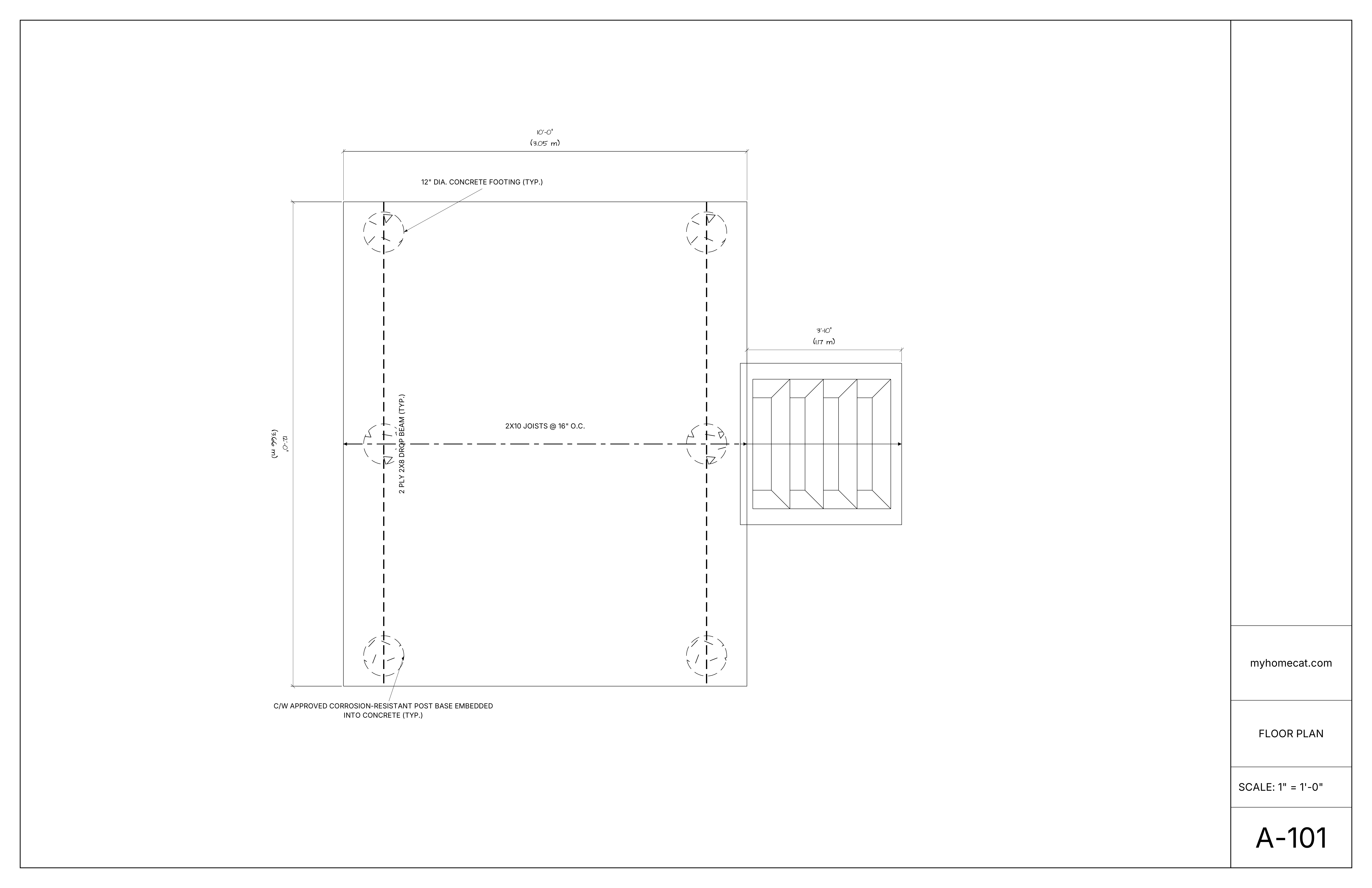 Dimensioned 10 by 12 deck floor plan showing concrete footings, post locations, beams, joists, and stairs