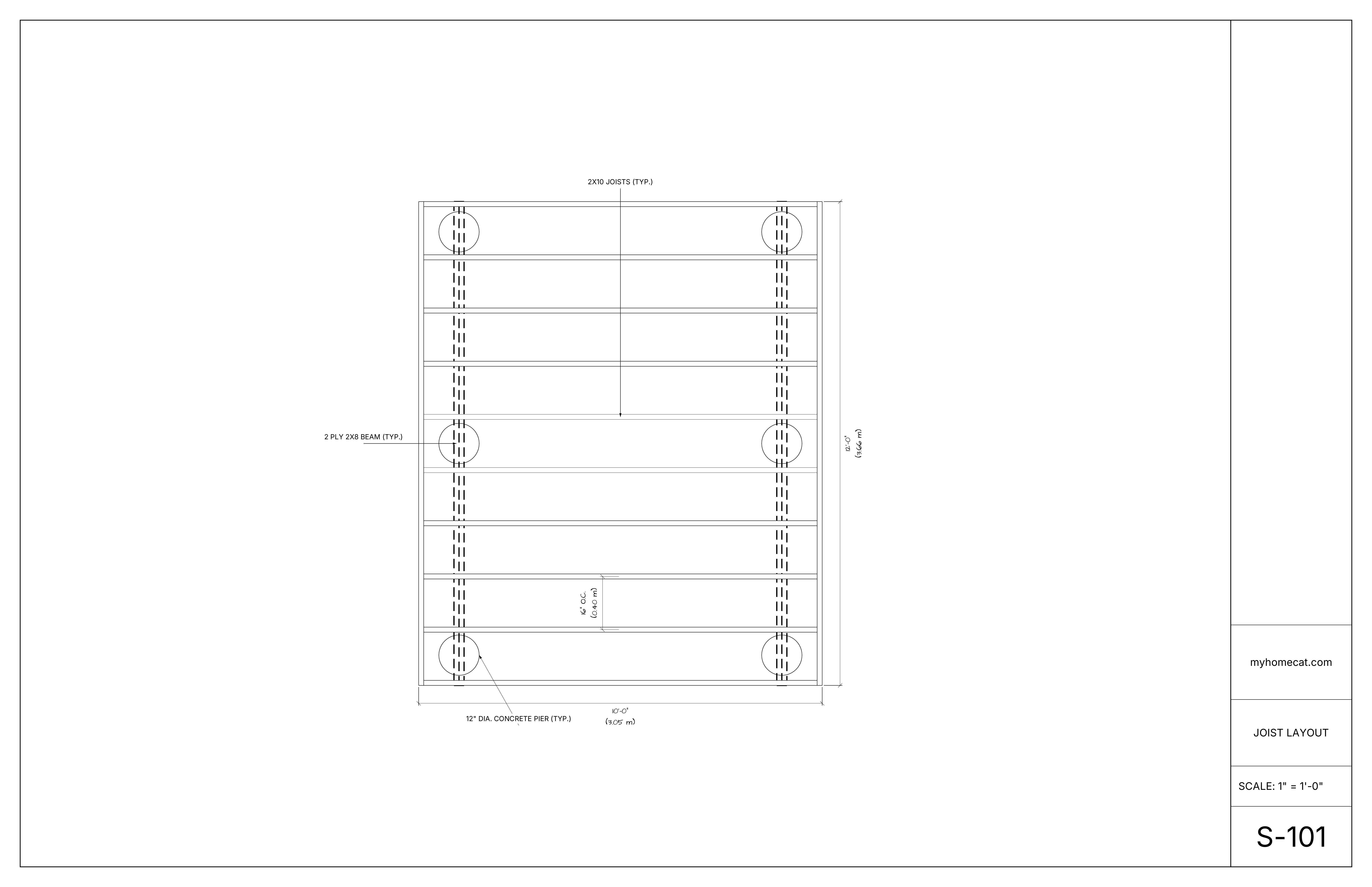 Example deck framing plan showing joists, beams, footings, and dimensions