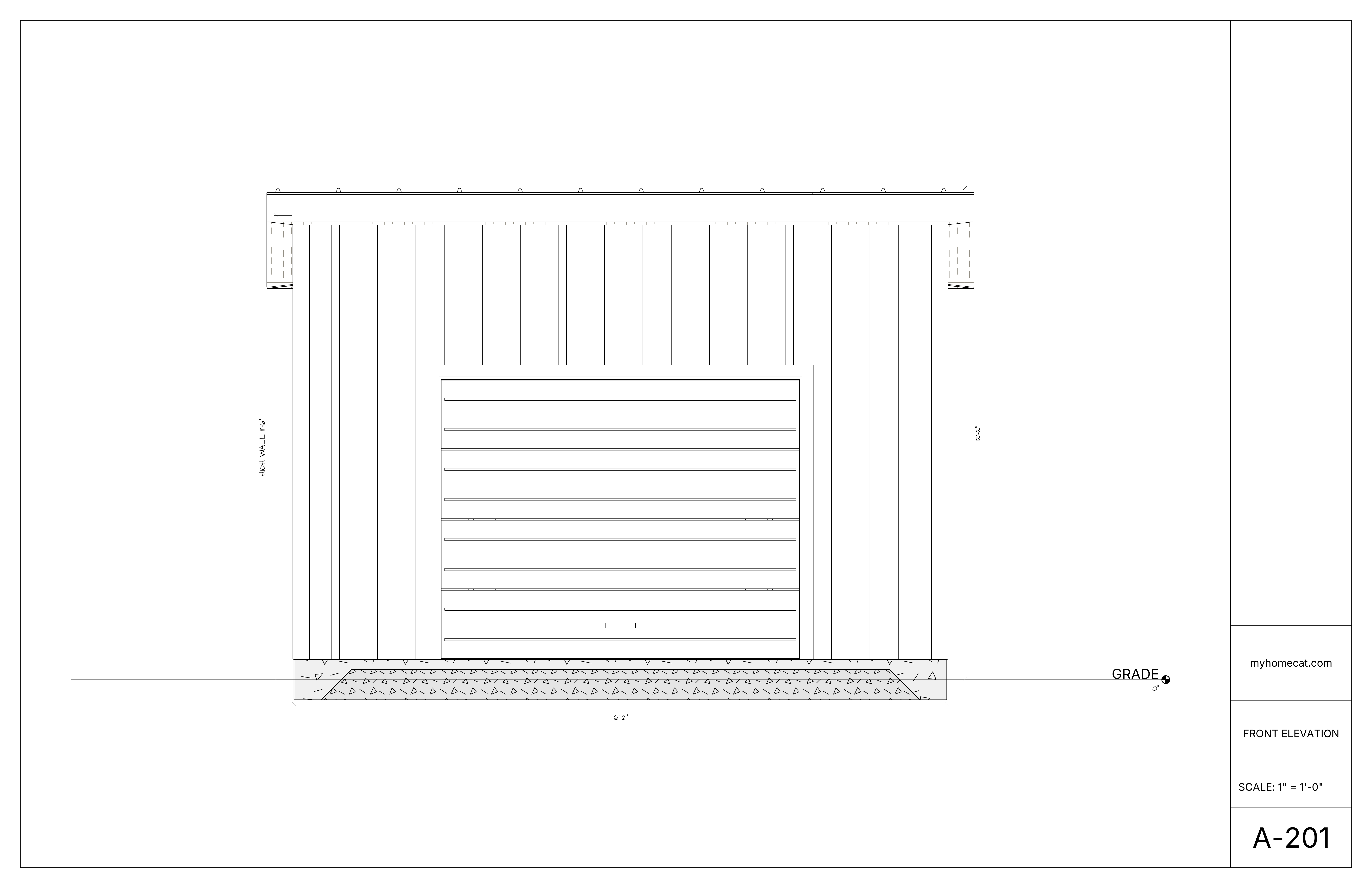 Front exterior elevation drawing for a detached two-bay garage