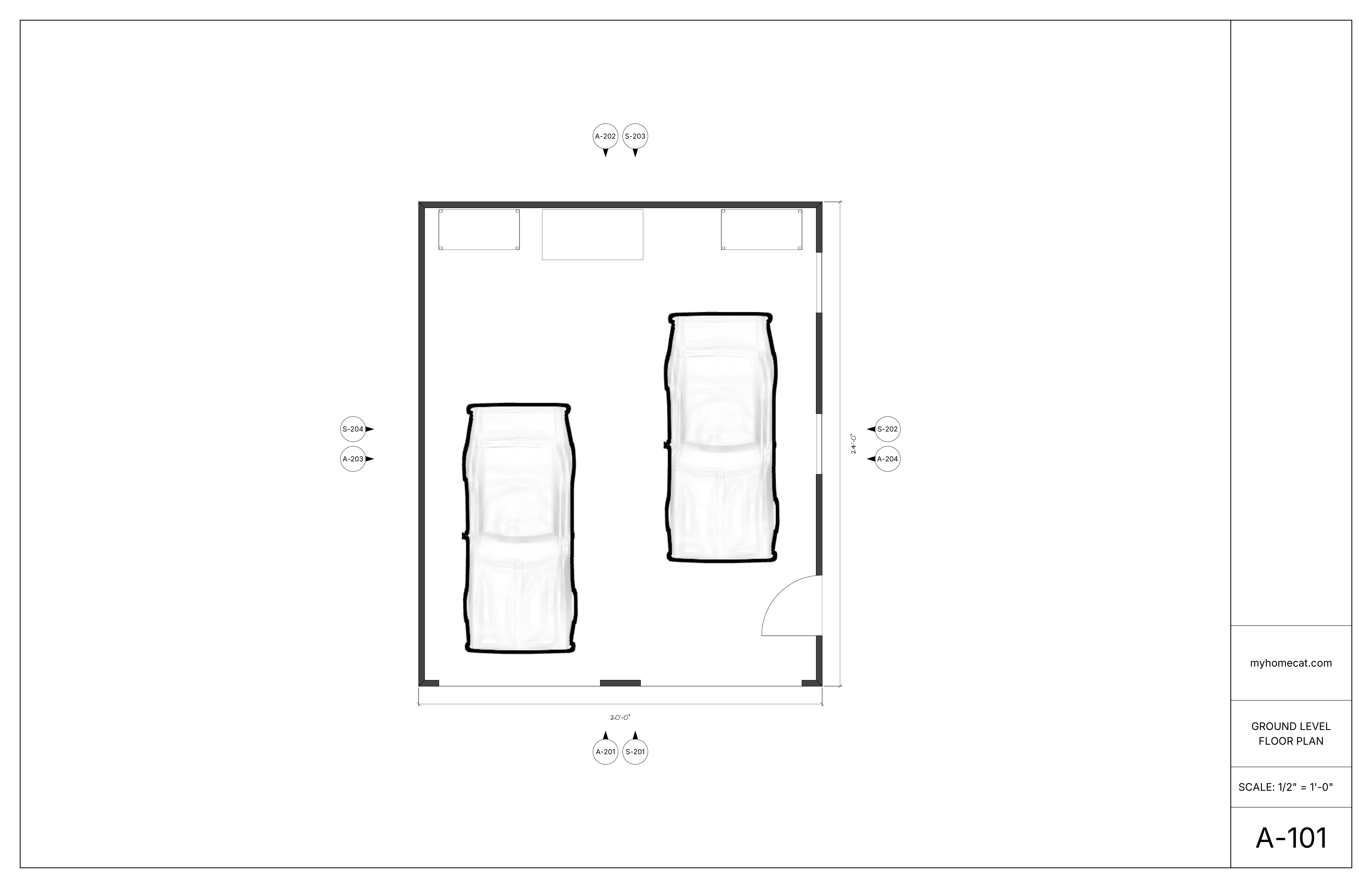 Example dimensioned floor plan for a detached two-bay garage