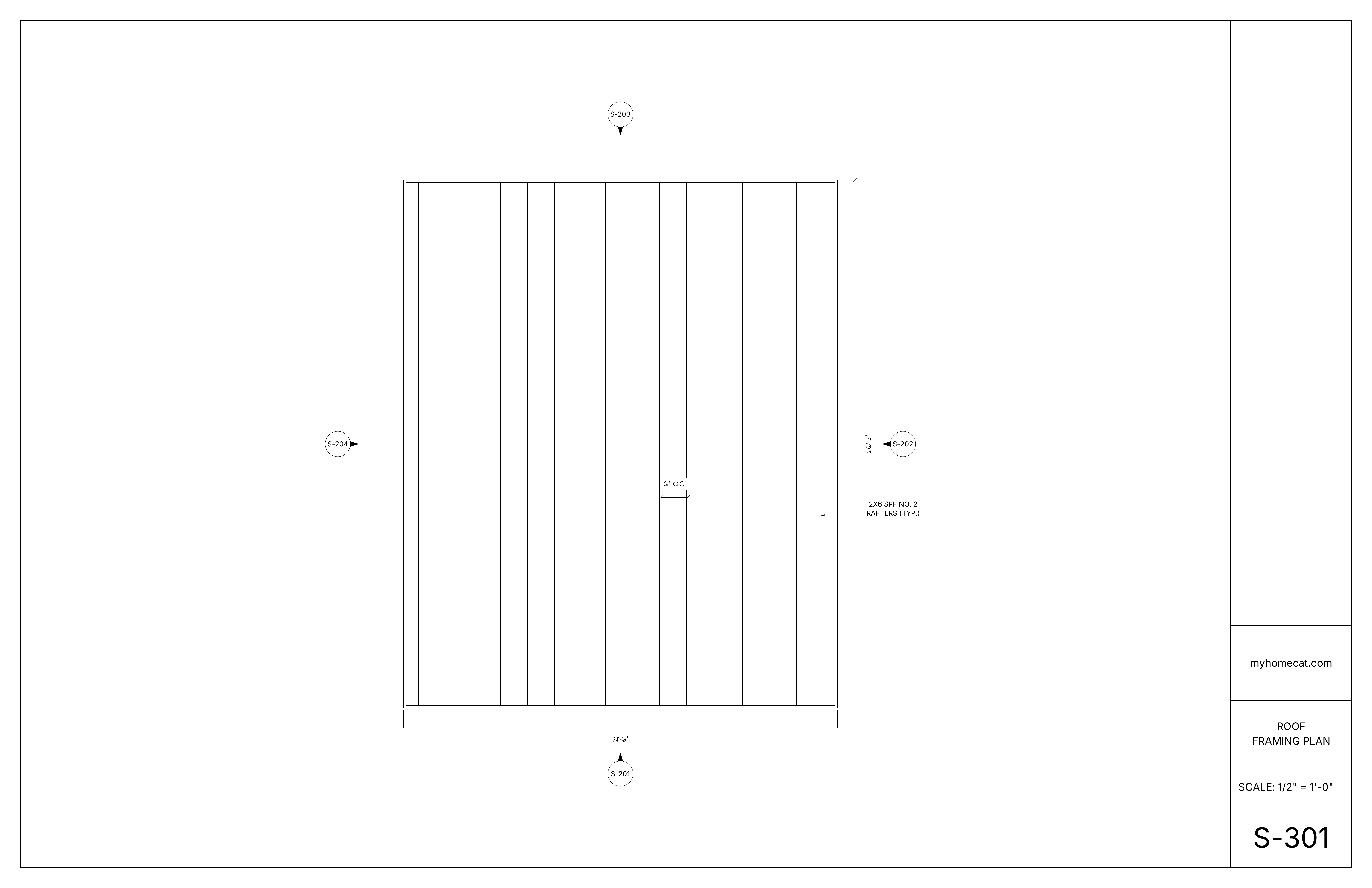 Roof framing plan for a detached garage with dimensions and structural notes
