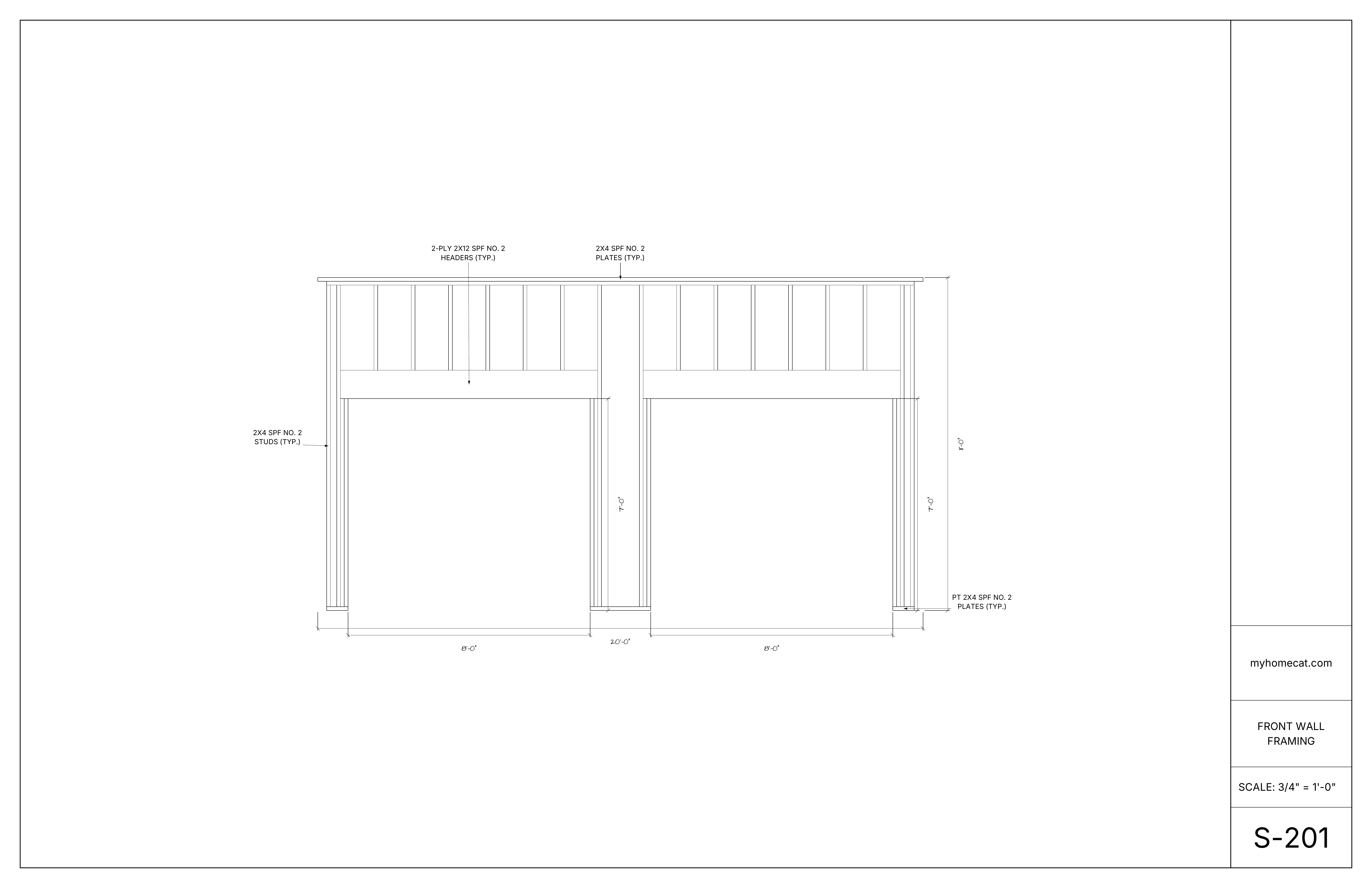 Front wall framing drawing for a two-bay detached garage