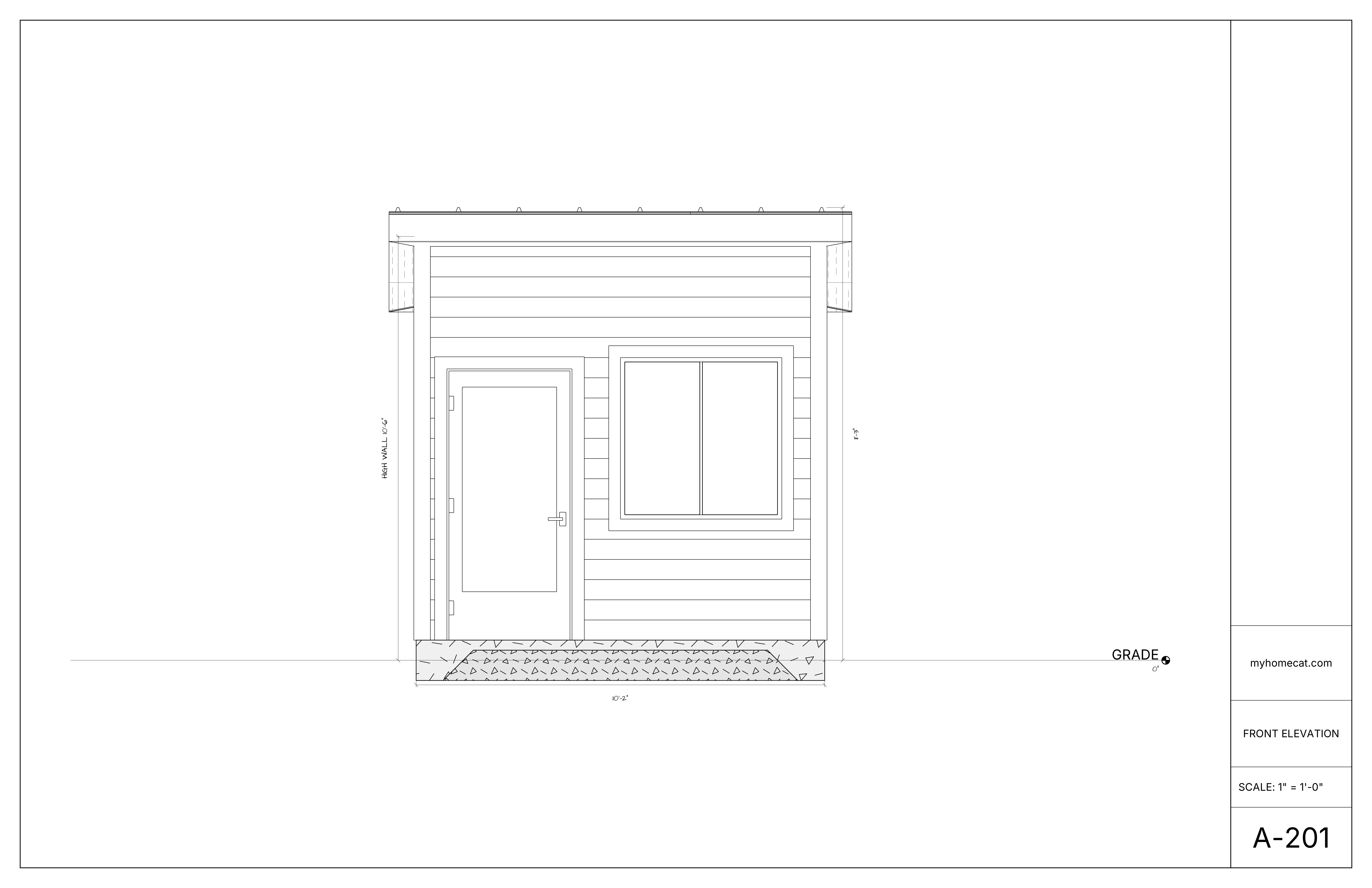 Front elevation showing a backyard office door, window, height, and grade