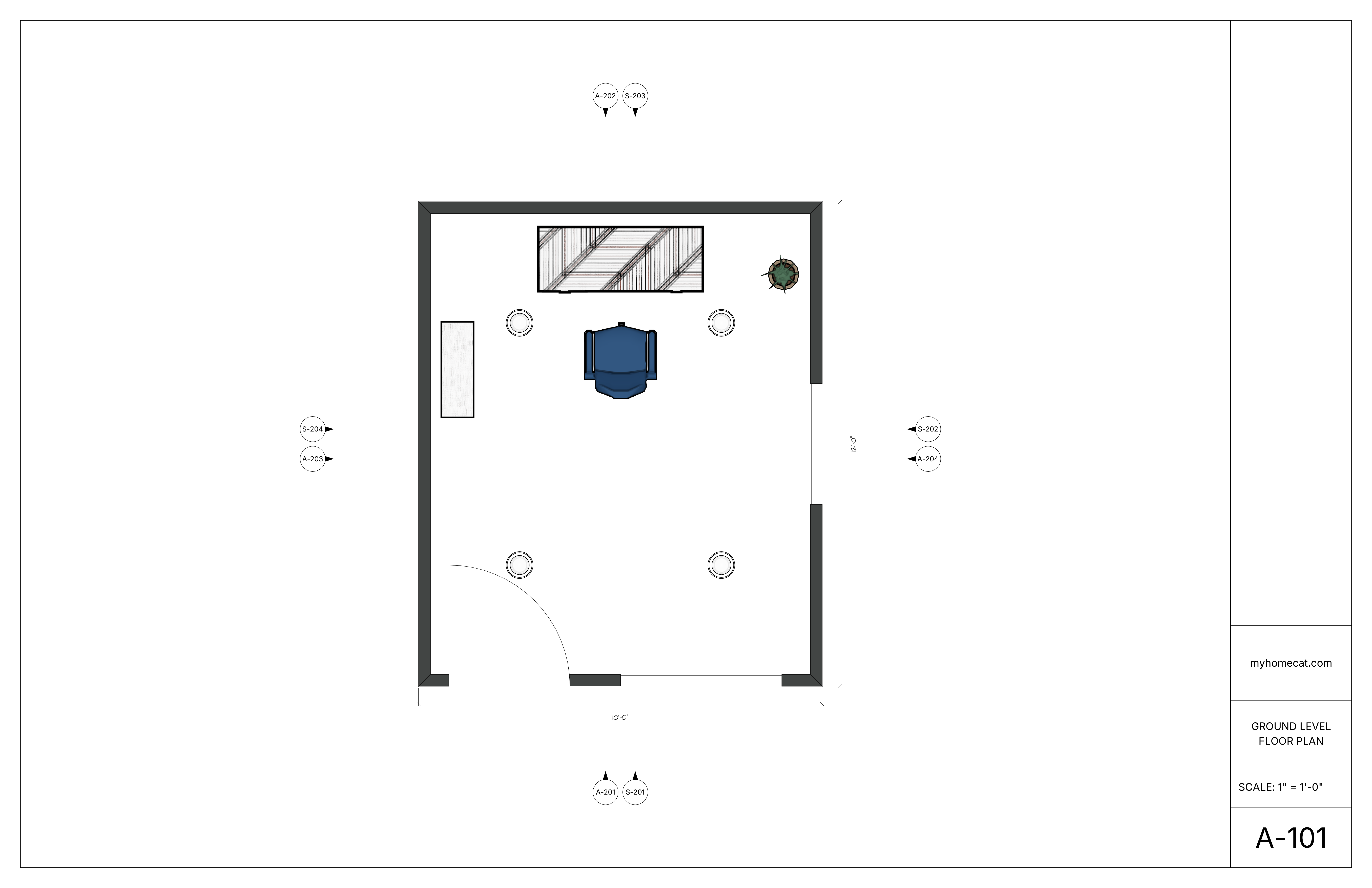 Dimensioned floor plan for a furnished backyard office