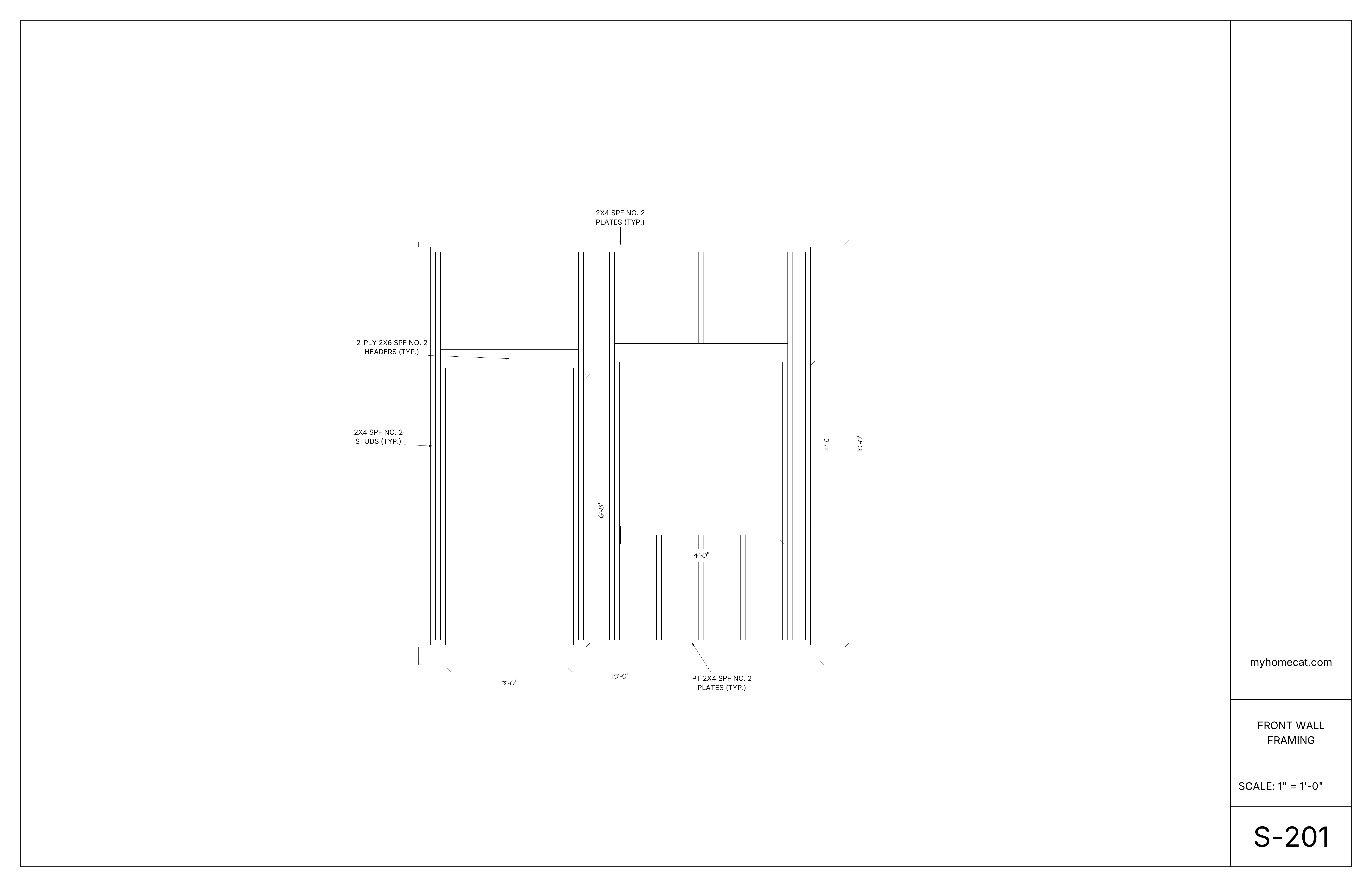 Front wall framing drawing for a backyard office
