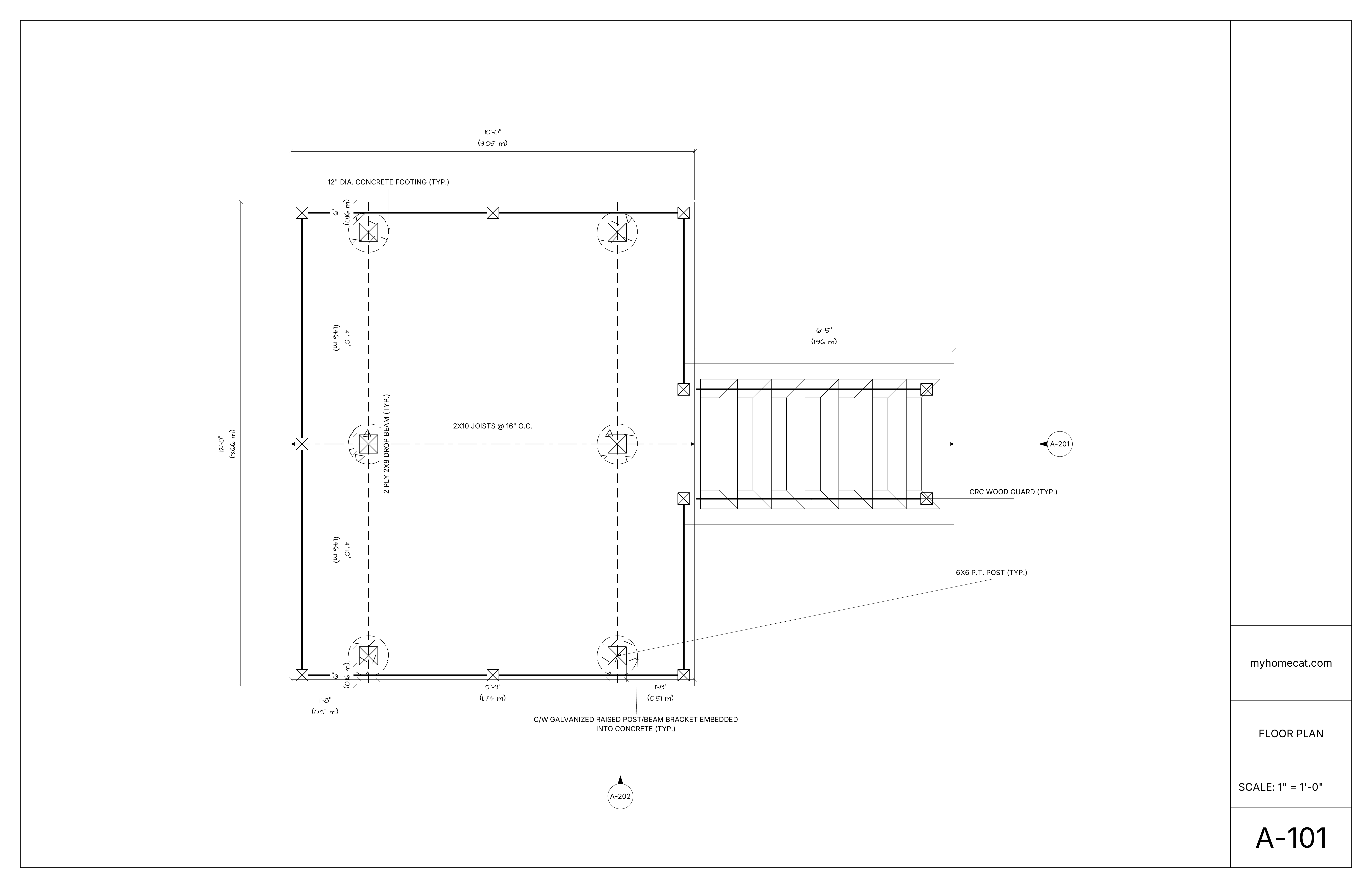 Raised deck floor plan showing code-compliant guard railings, railing posts, stairs, footings, and beams