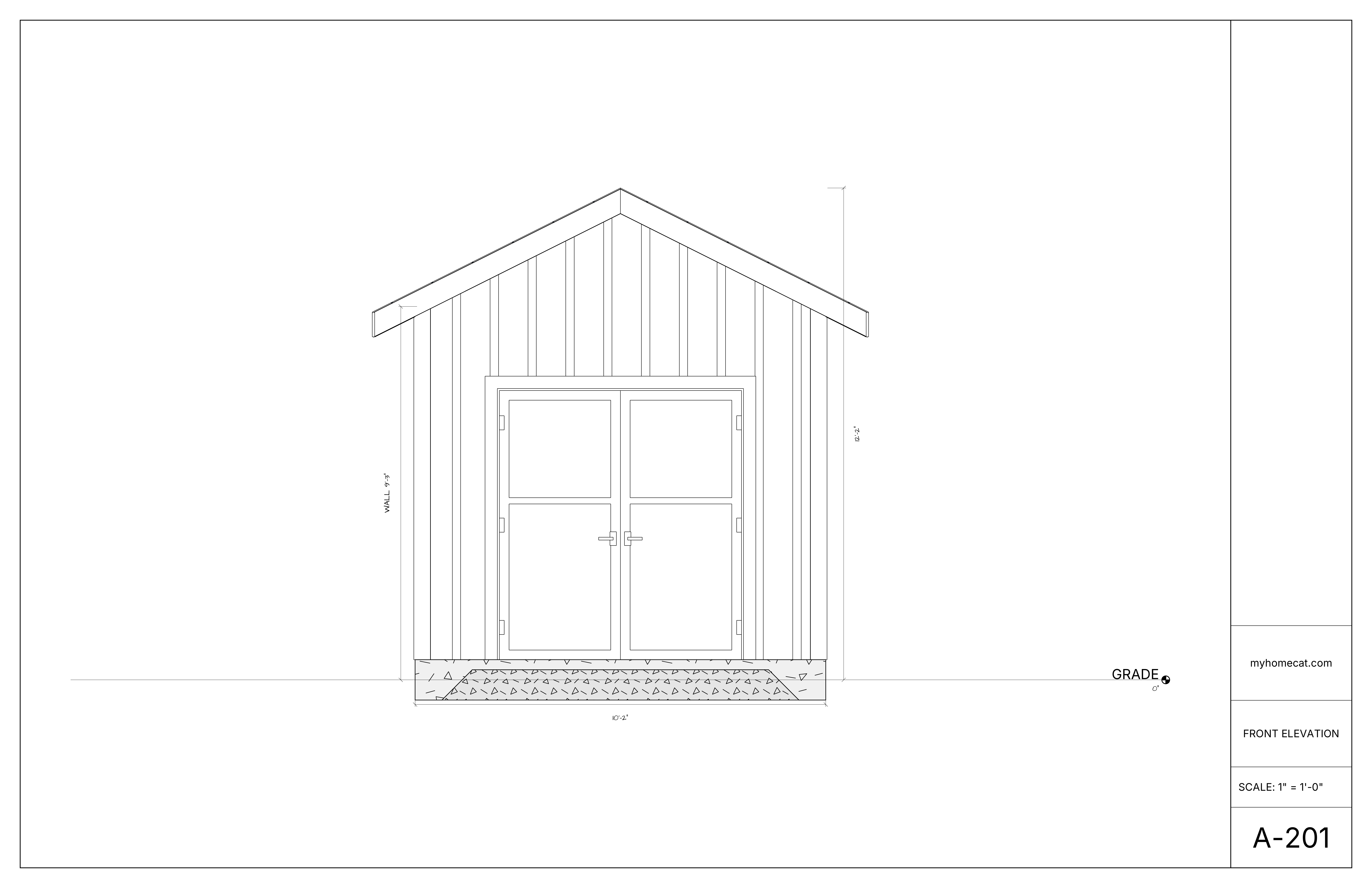 Front exterior elevation for a gable storage shed