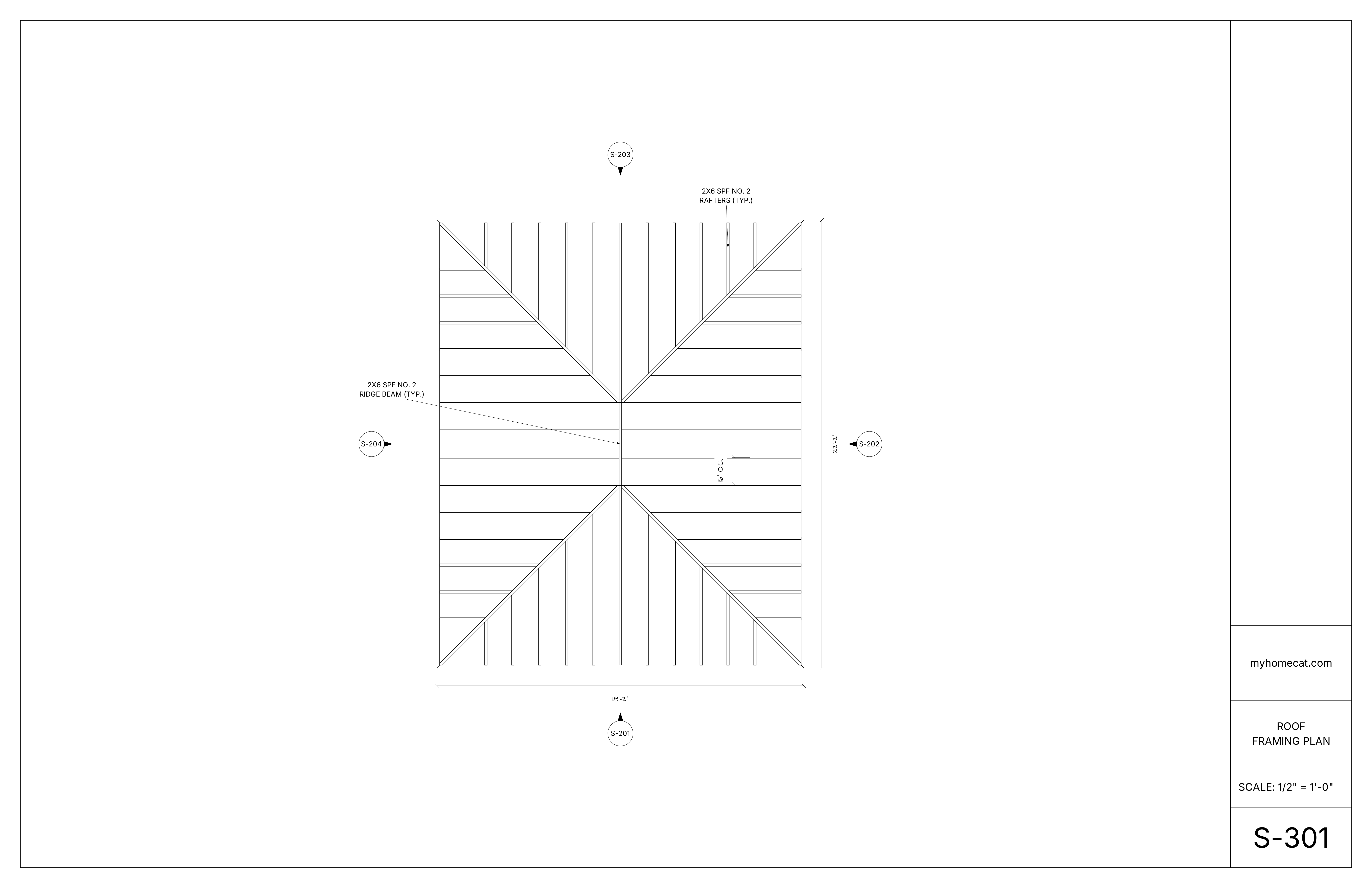 Hip-roof framing plan with rafters, ridge members, and dimensions