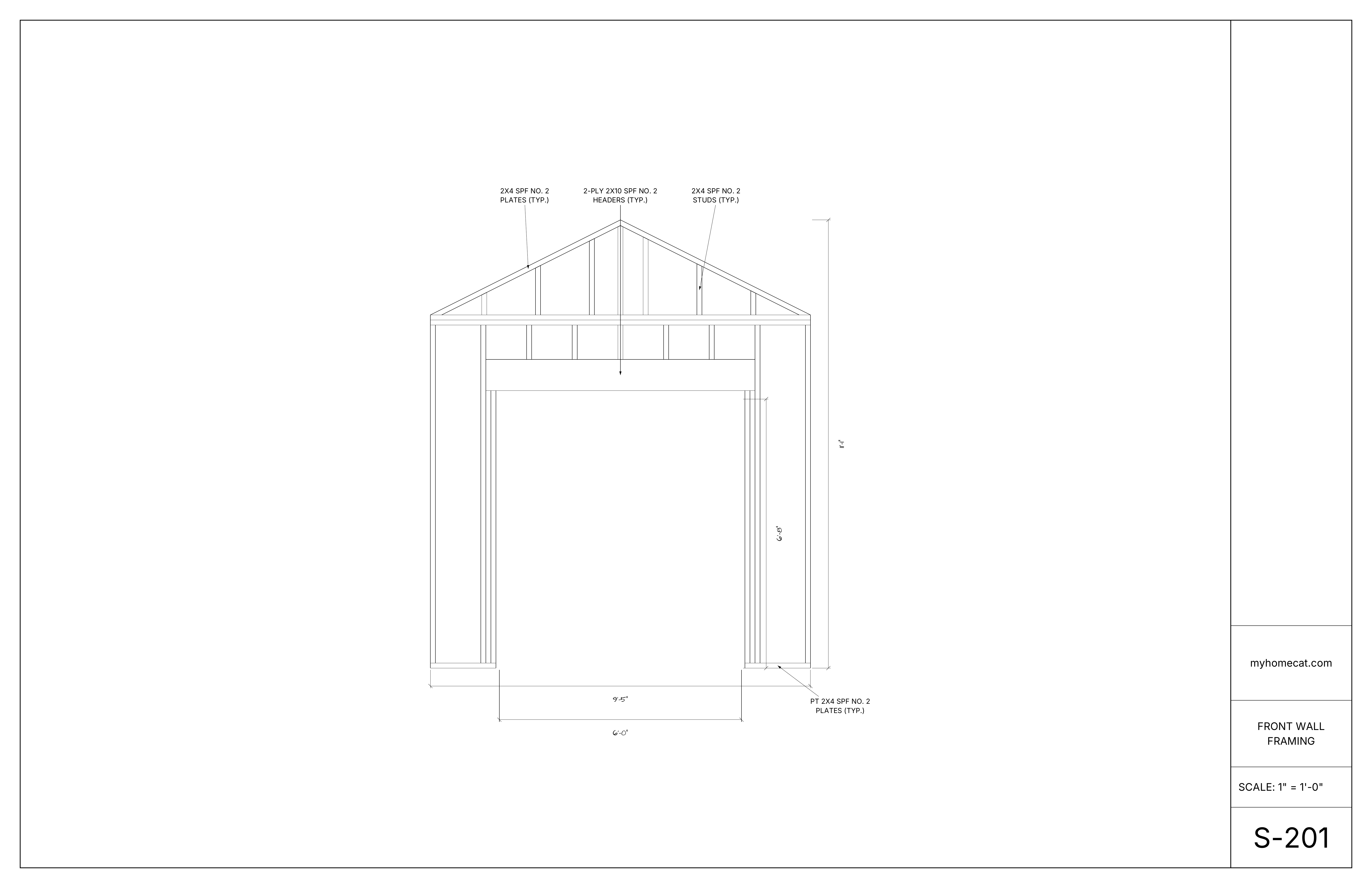 Detailed front wall framing drawing for a gable storage shed