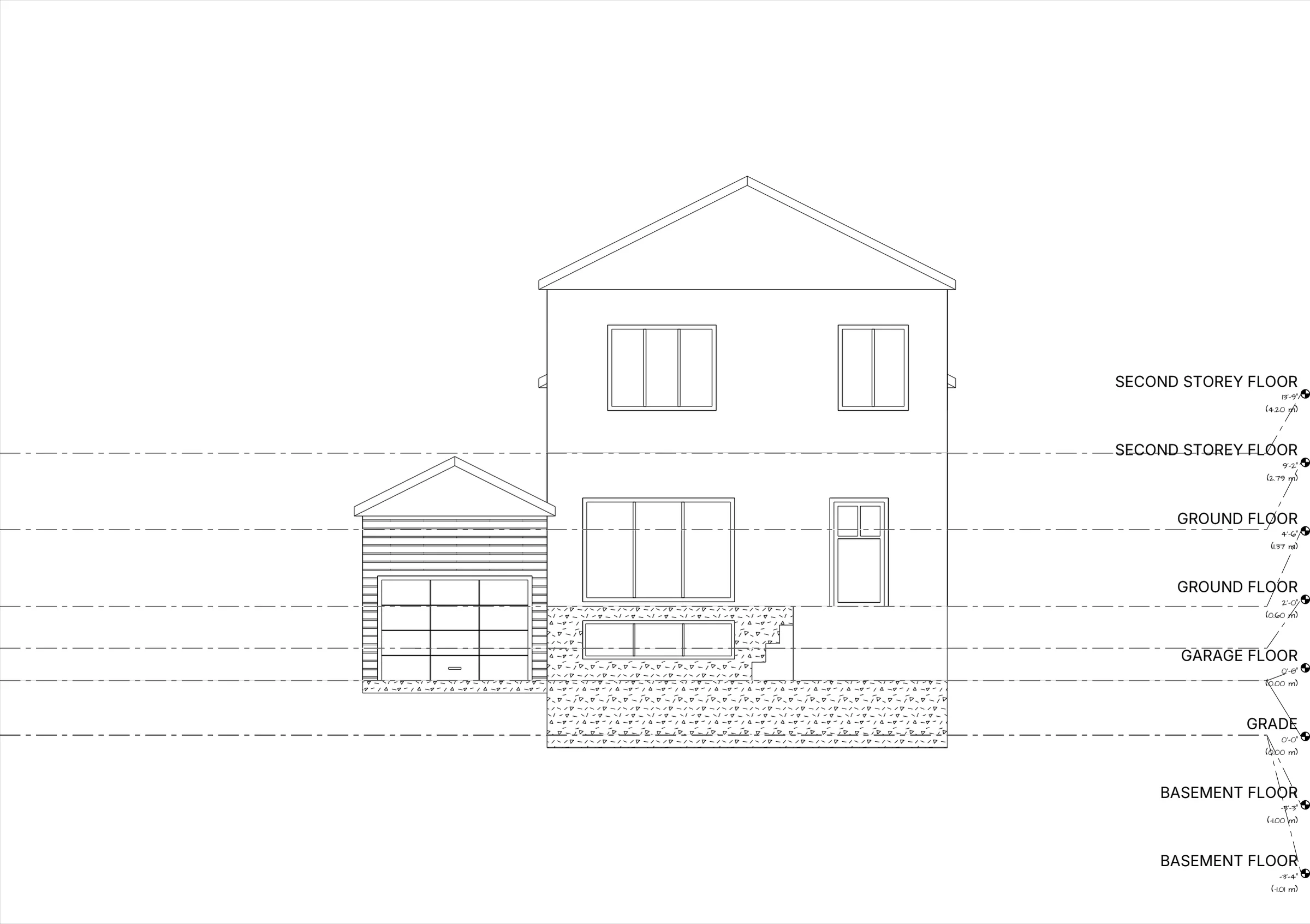 House elevation example showing floor levels and grade