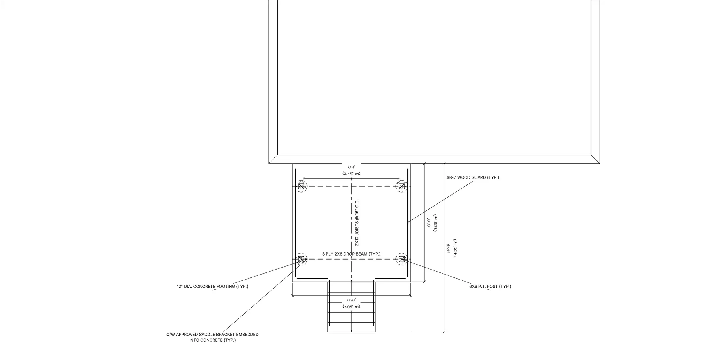 Deck floor plan example showing joists, beams and footings