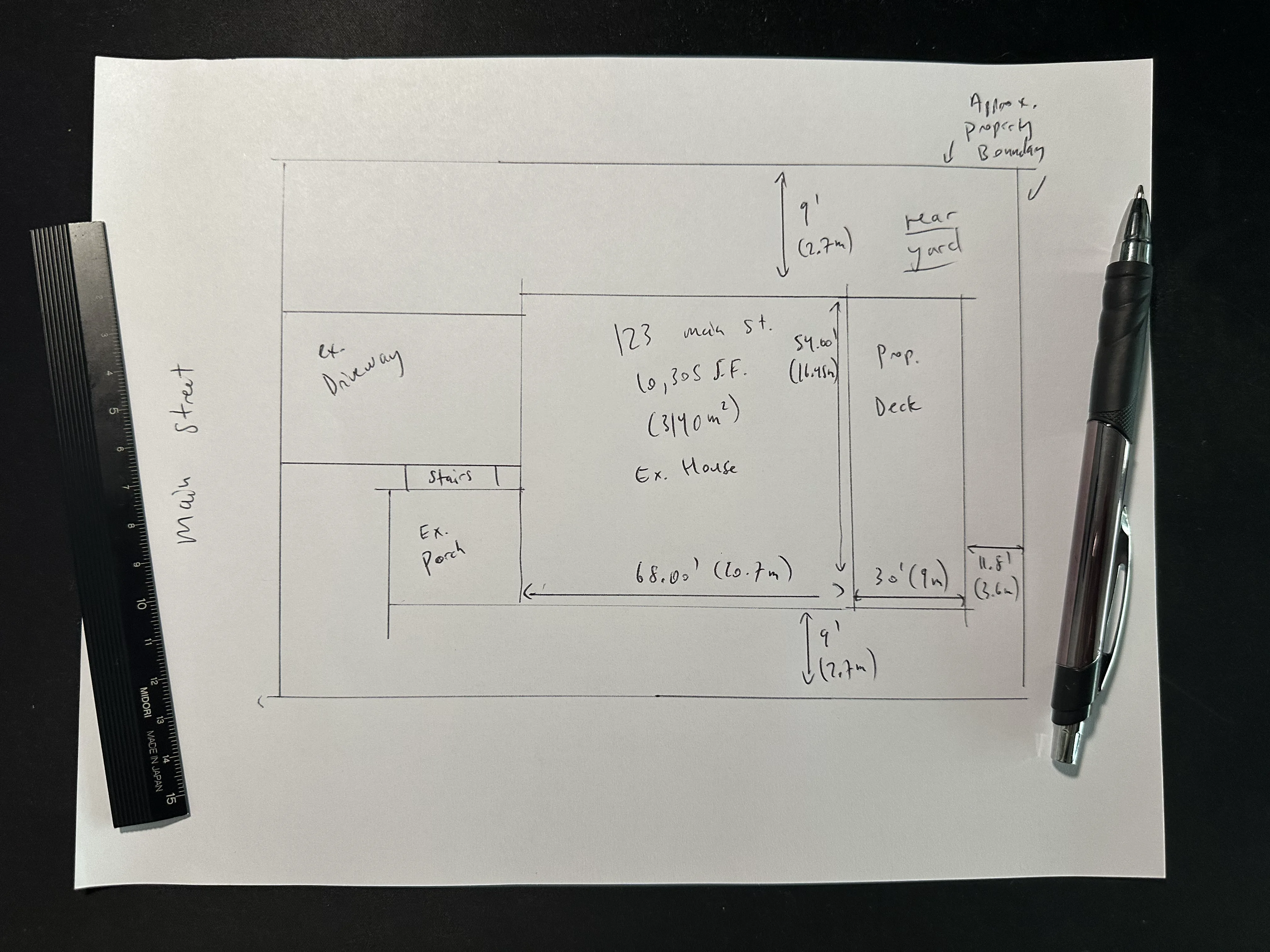 Measurements added to hand-drawn site plan