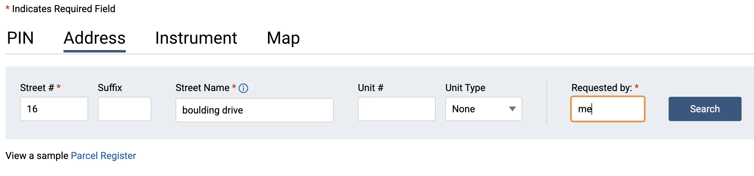 OnLand Address tab with address fields and search button
