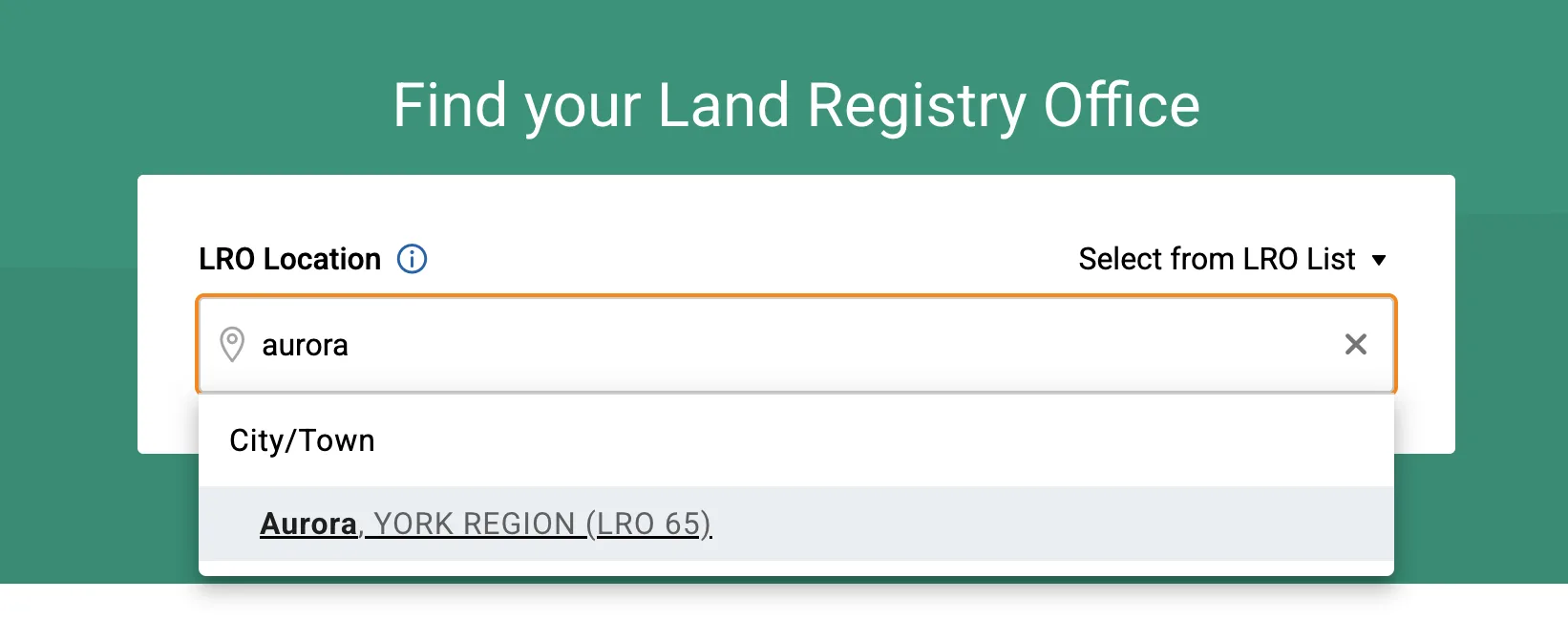 OnLand Land Registry Office search for a city or region