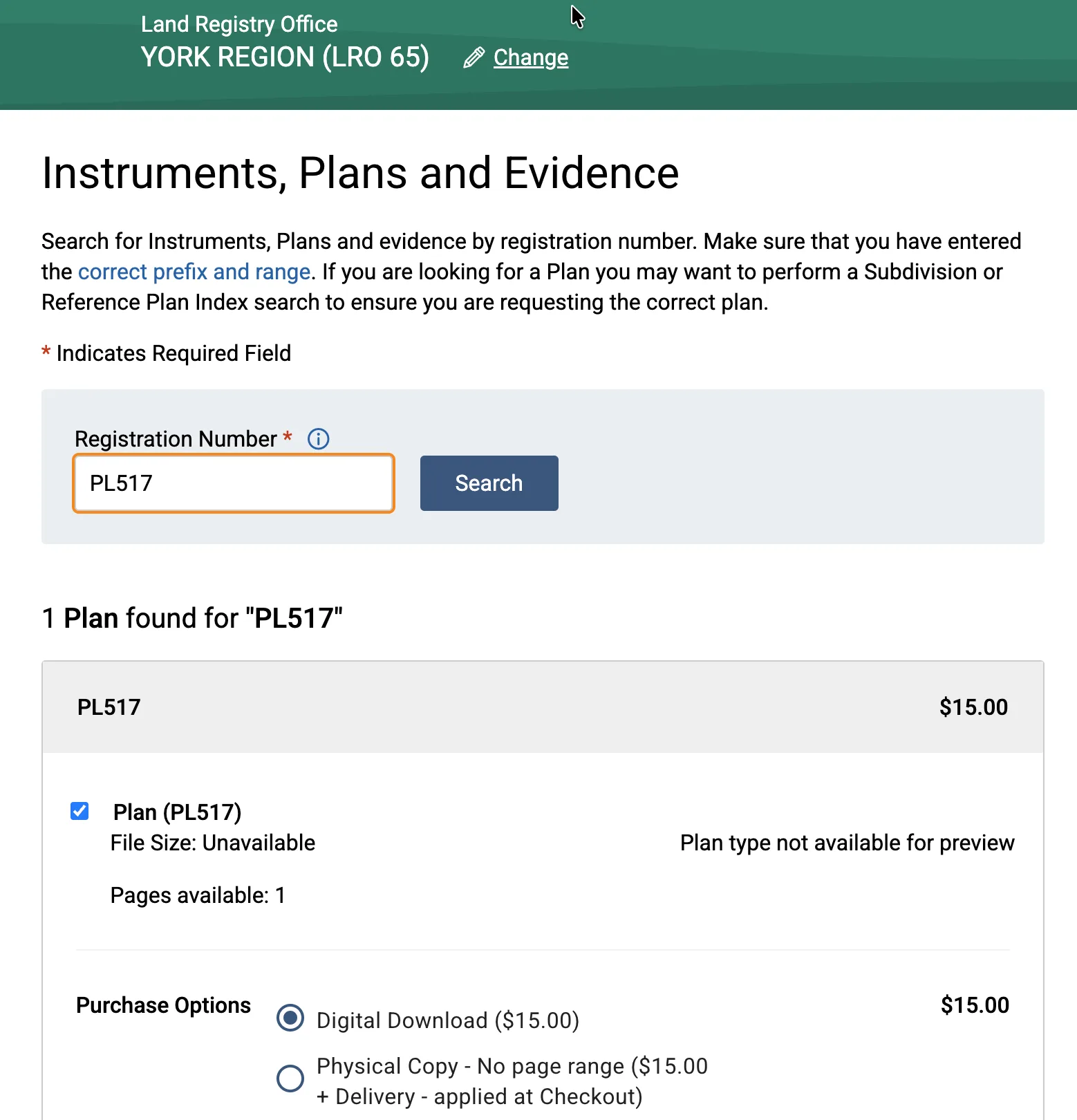 OnLand registration number search result for a subdivision plan
