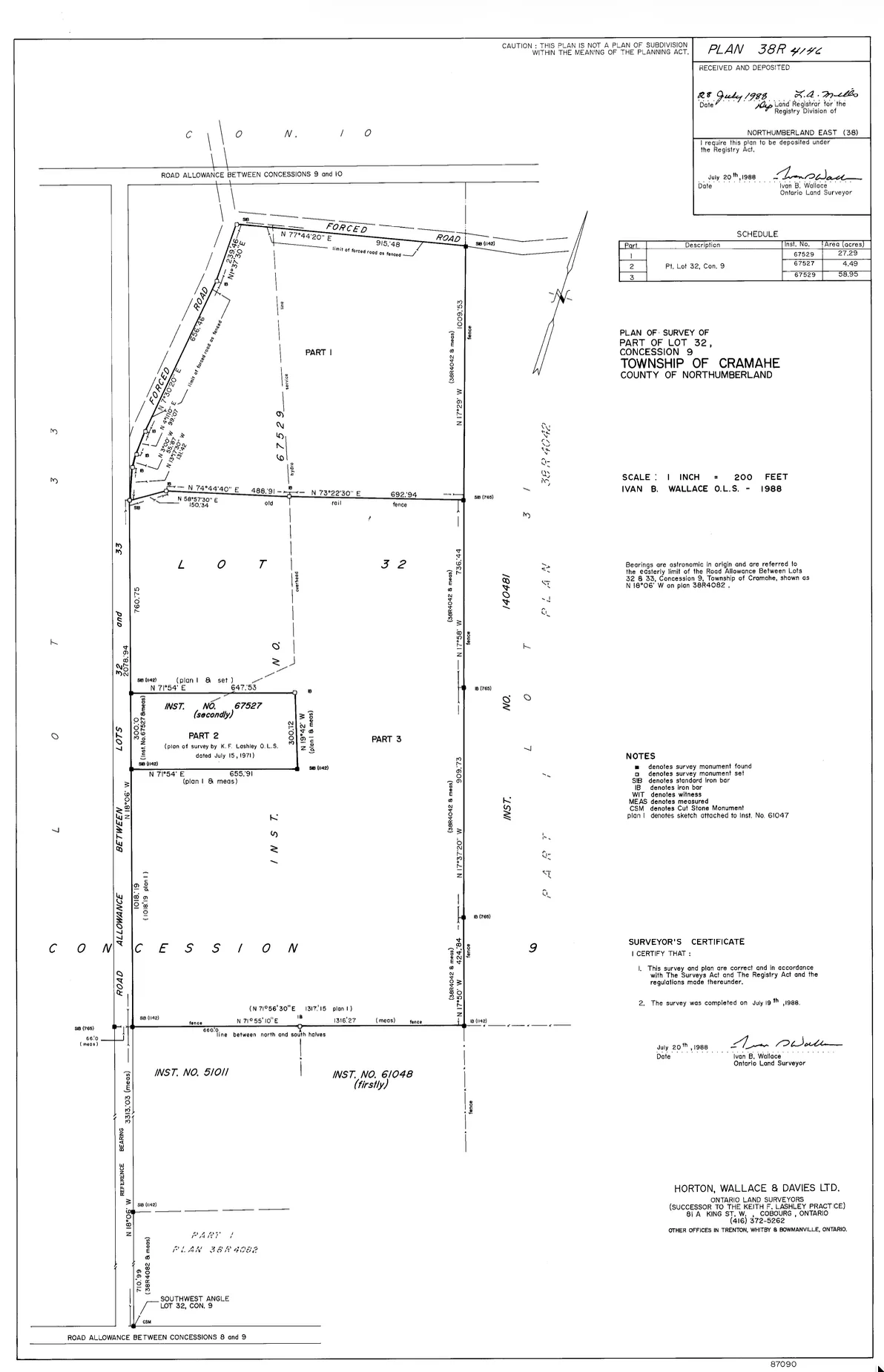 Example reference plan showing parts of a lot, boundary dimensions, survey monumentation, and a surveyor's certificate