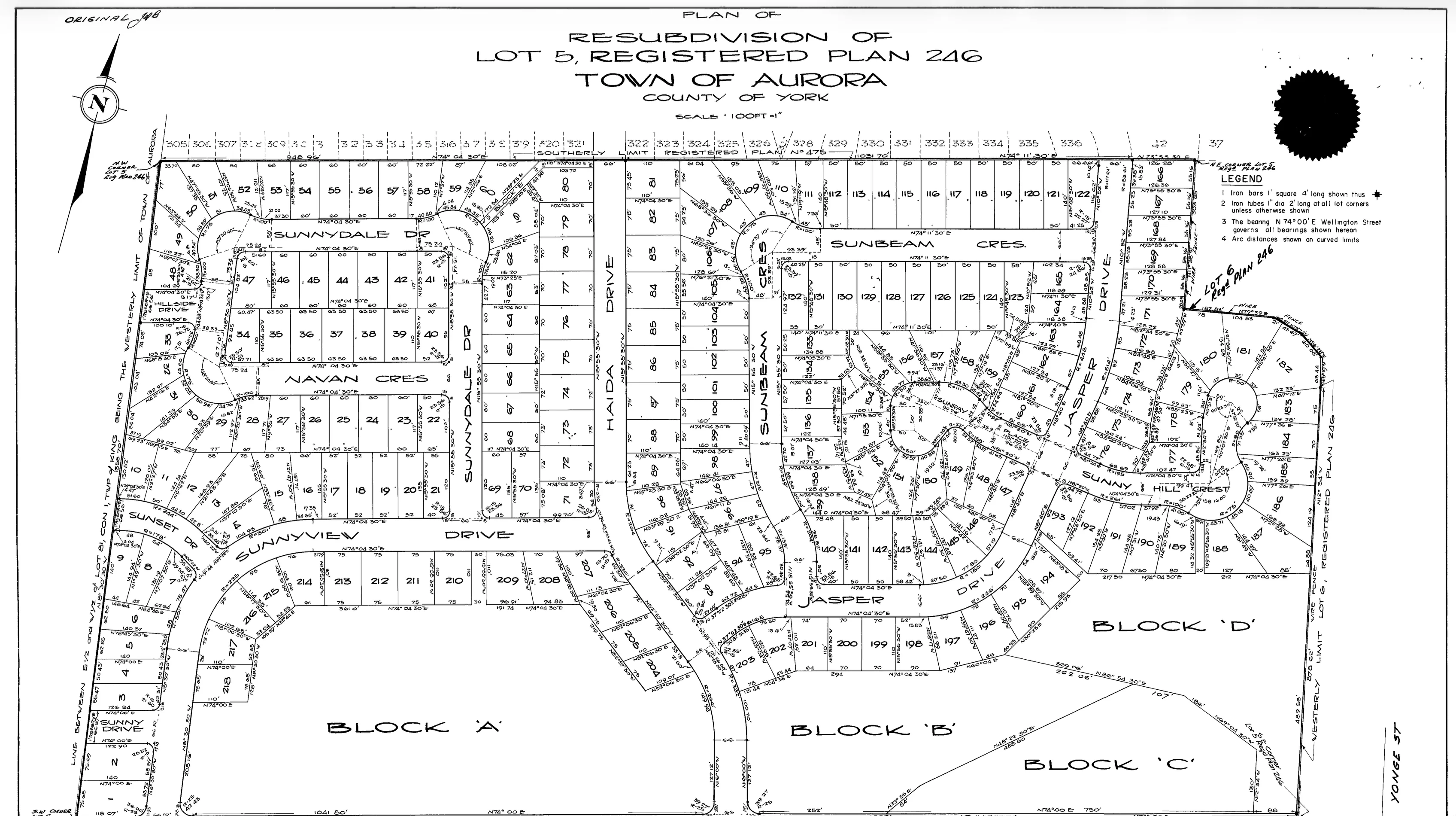 Example registered plan of subdivision showing a neighbourhood layout with lots, roads, blocks, dimensions, and survey bars