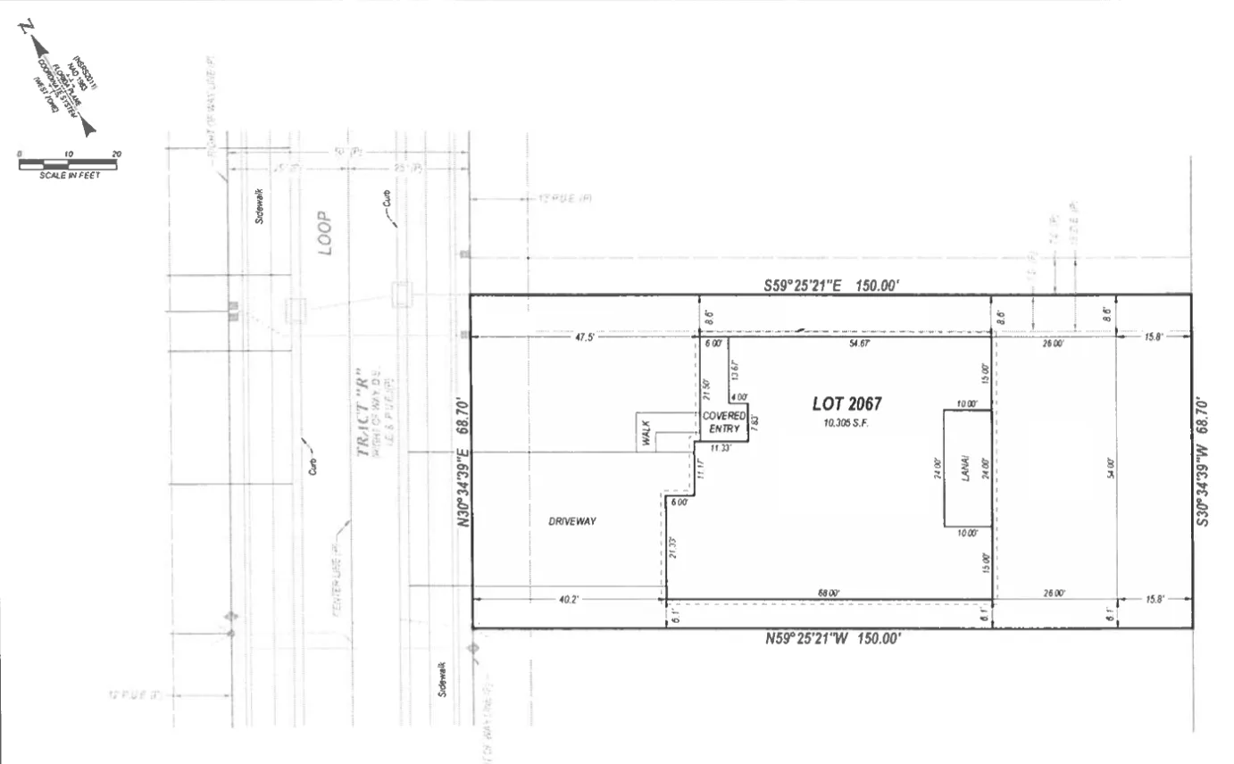 Example property survey showing lot boundaries, dimensions, and the existing house footprint