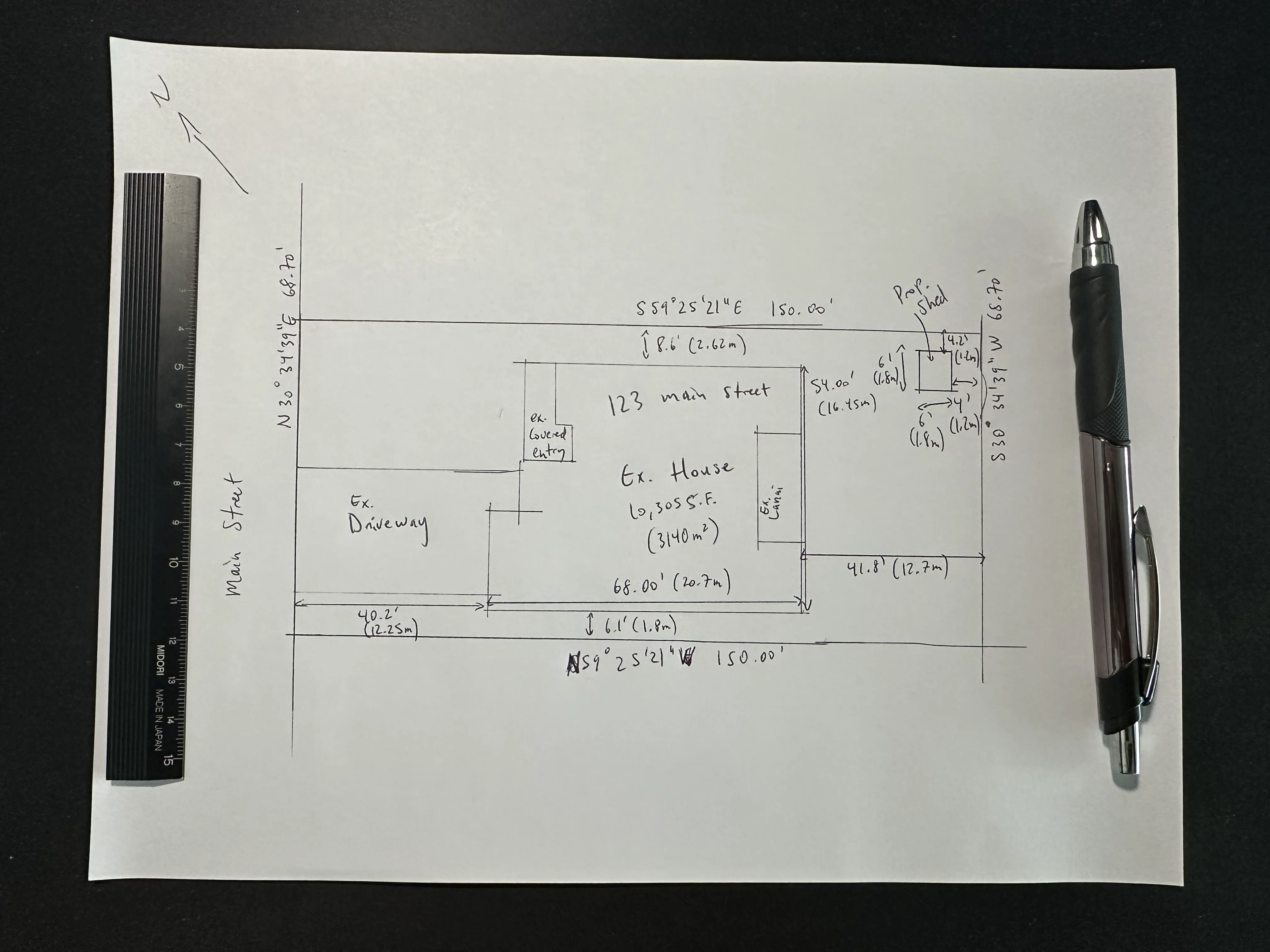 Proposed structures drawn on the traced survey